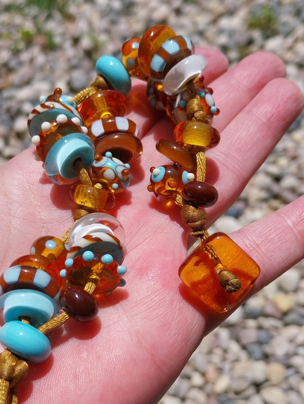 Vintage Lampwork Turquoise and Amber Glass Bead Bracelet - Picture 9 of 10
